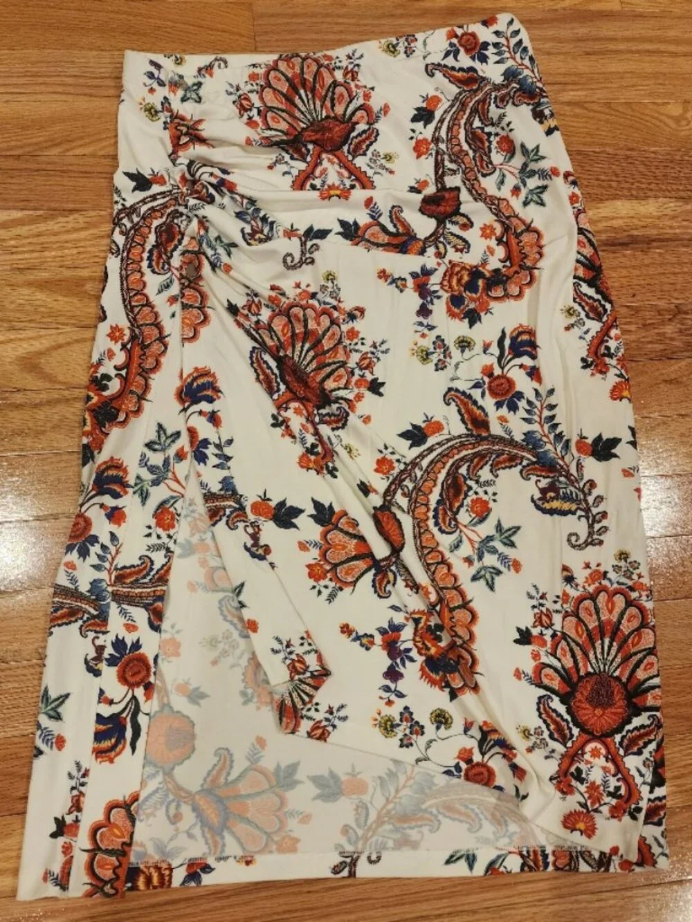 Paco Rabanne Womens Ruched Midi Skirt White Paisley Floral Asymmetric - 44
